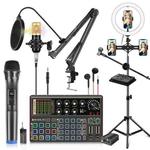 PULUZ Professional Microphone Live Sound Card Kit with Phantom Power and 1.6m Stand Selfie Ring Light, English Version(Black)