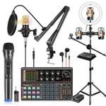 PULUZ Professional Microphone Live Sound Card Kit with Phantom Power and 1.6m Stand Selfie Ring Light, Chinese Version(Black)