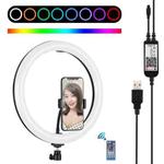 PULUZ 11.8 inch 30cm RGB Dimmable LED Dual Color Temperature LED Curved Diffuse Light Ring Vlogging Selfie Photography Video Lights with Tripod Ball Head & Phone Clamp & Remote Control(Black)