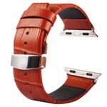 Kakapi for Apple Watch 42mm Crocodile Texture Double Buckle Genuine Leather Watch Band with Connector(Brown)
