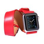 For Apple Watch 42mm Double Circle Style Metal Buckle Cowhide Leather Watch Band with Connector(Red)