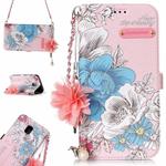 For Galaxy J3 (2017) (EU Version) Pink Background Blue Rose Pattern Horizontal Flip Leather Case with Holder & Card Slots & Pearl Flower Ornament & Chain