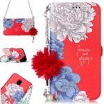 For Galaxy J7 (2017) (EU Version) Red Background Chrysanthemum Pattern Horizontal Flip Leather Case with Holder & Card Slots & Pearl Flower Ornament & Chain