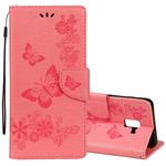 For Galaxy A8 (2018) Vintage Embossed Floral Butterfly Pattern Horizontal Flip Leather Case with Card Slot & Holder & Wallet & Lanyard(Pink)