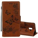 For Galaxy A8 (2018) Vintage Embossed Floral Butterfly Pattern Horizontal Flip Leather Case with Card Slot & Holder & Wallet & Lanyard(Brown)