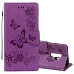 For Galaxy S9+ Vintage Embossed Floral Butterfly Pattern Horizontal Flip Leather Case with Card Slot & Holder & Wallet & Lanyard(Purple)