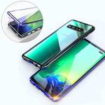 UltUltra Slim Double Sides Magnetic Adsorption Angular Frame Tempered Glass Magnet Flip Case for Galaxy S10, Screen Fingerprint Unlock Is Supported(Black Blue)