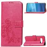 Lucky Clover Pressed Flowers Pattern Leather Case for Galaxy S10, with Holder & Card Slots & Wallet & Hand Strap(Rose Red)