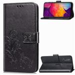 Lucky Clover Pressed Flowers Pattern Leather Case for Galaxy A50, with Holder & Card Slots & Wallet & Hand Strap(Black)