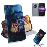 Oil Painting Owl Pattern Coloured Drawing Horizontal Flip Leather Case for Sony Xperia 1, with Holder & Card Slots & Wallet