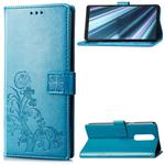Lucky Clover Pressed Flowers Pattern Leather Case for Sony Xperia 1 / Xperia XZ4, with Holder & Card Slots & Wallet & Hand Strap (Blue)