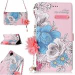 For Sony Xperia L1 Pink Background Blue Rose Pattern Horizontal Flip Leather Case with Holder & Card Slots & Pearl Flower Ornament & Chain