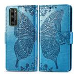 For Huawei Honor 30 Pro Butterfly Love Flower Embossed Horizontal Flip Leather Case with Bracket / Card Slot / Wallet / Lanyard(Blue)