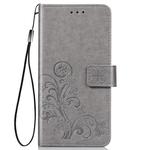 For Huawei Honor 9A Four-leaf Clasp Embossed Buckle Mobile Phone Protection Leather Case with Lanyard & Card Slot & Wallet & Bracket Function(Gray)