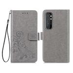 For Xiaomi Mi Note 10 Lite Four-leaf Clasp Embossed Buckle Mobile Phone Protection Leather Case with Lanyard & Card Slot & Wallet & Bracket Function(Gray)