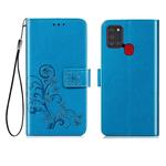For Samsung Galaxy A21s Four-leaf Clasp Embossed Buckle Mobile Phone Protection Leather Case with Lanyard & Card Slot & Wallet & Bracket Function(Blue)