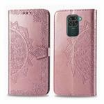 For Xiaomi Redmi 10X /  Note 9 Halfway Mandala Embossing Pattern Horizontal Flip Leather Case with Holder & Card Slots & Wallet & Photo Frame & Lanyard(Rose Gold)