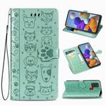For Samsung Galaxy A21s Lovely Cat and Dog Embossing Pattern Horizontal Flip Leather Case , with Holder & Card Slots & Wallet & Cartoon Clasp & Lanyard(Green)