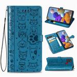 For Samsung Galaxy A21s Lovely Cat and Dog Embossing Pattern Horizontal Flip Leather Case , with Holder & Card Slots & Wallet & Cartoon Clasp & Lanyard(Blue)