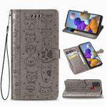For Samsung Galaxy A21s Lovely Cat and Dog Embossing Pattern Horizontal Flip Leather Case , with Holder & Card Slots & Wallet & Cartoon Clasp & Lanyard(Grey)