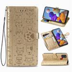 For Samsung Galaxy A21s Lovely Cat and Dog Embossing Pattern Horizontal Flip Leather Case , with Holder & Card Slots & Wallet & Cartoon Clasp & Lanyard(Gold)