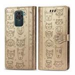 For Xiaomi Redmi 10X (4G) / Note 9 Cute Cat and Dog Embossed Horizontal Flip Leather Case with Bracket / Card Slot / Wallet / Lanyard(Gold)