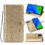 For Huawei P Smart 2020 Lovely Cat and Dog Embossing Pattern Horizontal Flip Leather Case , with Holder & Card Slots & Wallet & Cartoon Clasp & Lanyard(Gold)