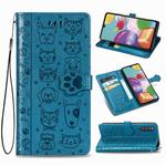 For Samsung Galaxy A41 Lovely Cat and Dog Embossing Pattern Horizontal Flip Leather Case , with Holder & Card Slots & Wallet & Cartoon Clasp & Lanyard(Blue)