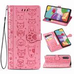 For Samsung Galaxy A41 Lovely Cat and Dog Embossing Pattern Horizontal Flip Leather Case , with Holder & Card Slots & Wallet & Cartoon Clasp & Lanyard(Pink)
