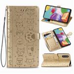For Samsung Galaxy A41 Lovely Cat and Dog Embossing Pattern Horizontal Flip Leather Case , with Holder & Card Slots & Wallet & Cartoon Clasp & Lanyard(Gold)