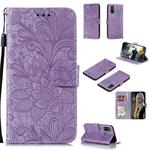 For Huawei P Smart 2020 Lace Flower Embossing Pattern Horizontal Flip Leather Case , with Holder & Card Slots & Wallet & Photo Frame & Lanyard(Purple)