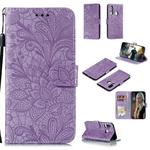 For Huawei Y7P / P40 Lite  Lace Flower Embossing Pattern Horizontal Flip Leather Case , with Holder & Card Slots & Wallet & Photo Frame & Lanyard(Purple)