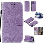 For Samsung Galaxy A21s Lace Flower Embossing Pattern Horizontal Flip Leather Case , with Holder & Card Slots & Wallet & Photo Frame & Lanyard(Purple)