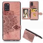 For Samsung Galaxy A31 Mandala Embossed Magnetic Cloth PU + TPU + PC Case with Holder & Card Slots & Wallet & Photo Frame & Strap(Rose Gold)