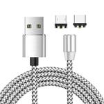 2 in 1 USB to Micro USB + USB-C / Type-C Magnetic Metal Connector Nylon Two-color Braided Magnetic Data Cable, Cable Length: 1m(Silver)