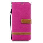 Color Matching Denim Texture Leather Case for Galaxy J4+, with Holder & Card Slots & Wallet & Lanyard(Rose Red)