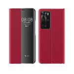 For Huawei P40 Side Window Display Comes With Hibernation/Bracket Function Plain Cloth Without Flip To Answer The Phone Case(Red)