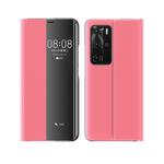 For Huawei P40 Pro Side Display Magnetic Horizontal Flip Plain Texture Cloth + PC Case with Holder & Sleep / Wake-up Function(Pink)