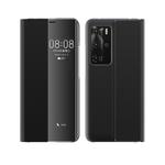 For Huawei P40 Pro Side Display Magnetic Horizontal Flip Plain Texture Cloth + PC Case with Holder & Sleep / Wake-up Function(Black)
