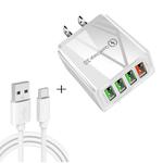 2 in 1 USB to USB-C / Type-C Data Cable + 30W QC 3.0 4 USB Interfaces Mobile Phone Tablet PC Universal Quick Charger Travel Charger Set, US Plug(White)