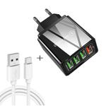 2 in 1 USB to USB-C / Type-C Data Cable + 30W QC 3.0 4 USB Interfaces Mobile Phone Tablet PC Universal Quick Charger Travel Charger Set, EU Plug(Black)
