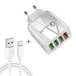 2 in 1 USB to USB-C / Type-C Data Cable + 30W QC 3.0 4 USB Interfaces Mobile Phone Tablet PC Universal Quick Charger Travel Charger Set, EU Plug(White)