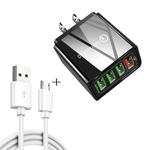 2 in 1 1m USB to Micro USB Data Cable + 30W QC 3.0 4 USB Interfaces Mobile Phone Tablet PC Universal Quick Charger Travel Charger Set, US Plug(Black)