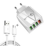 2 in 1 1m USB to Micro USB Data Cable + 30W QC 3.0 4 USB Interfaces Mobile Phone Tablet PC Universal Quick Charger Travel Charger Set, EU Plug(White)