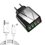 2 in 1 1m USB to Micro USB Data Cable + 30W QC 3.0 4 USB Interfaces Mobile Phone Tablet PC Universal Quick Charger Travel Charger Set, EU Plug(Black)
