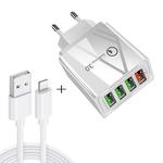 2 in 1 1m USB to 8 Pin Data Cable + 30W QC 3.0 4 USB Interfaces Mobile Phone Tablet PC Universal Quick Charger Travel Charger Set, EU Plug(White)