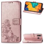For Samsung Galaxy A20/A30 Four-leaf Clasp Embossed Buckle Mobile Phone Protection Leather Case with Lanyard & Card Slot & Wallet & Bracket Function(Rose Gold)