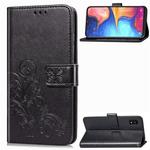 For Samsung Galaxy A10E Four-leaf Clasp Embossed Buckle Mobile Phone Protection Leather Case with Lanyard & Card Slot & Wallet & Bracket Function(Black)