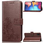 For Samsung Galaxy A10E Four-leaf Clasp Embossed Buckle Mobile Phone Protection Leather Case with Lanyard & Card Slot & Wallet & Bracket Function(Brown)