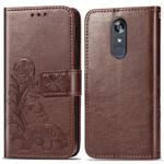 For LG Stylo 5 Four-leaf Clasp Embossed Buckle Mobile Phone Protection Leather Case with Lanyard & Card Slot & Wallet & Bracket Function(Brown)